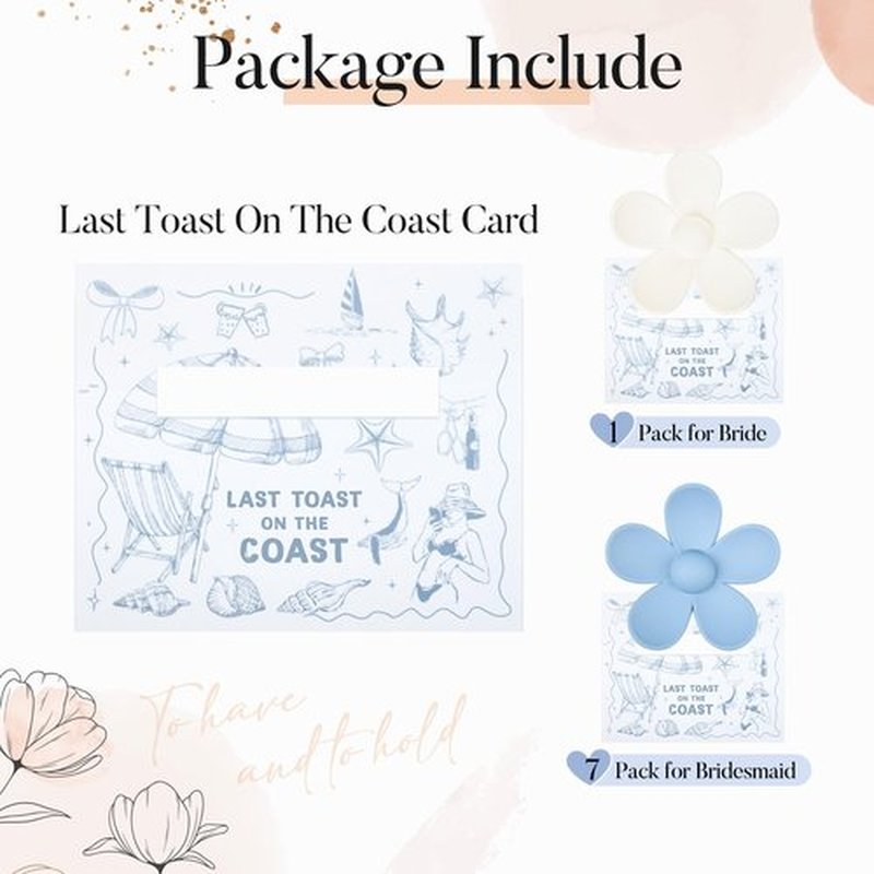 DEEKA Bachelorette Party Favors Bridesmaid Proposal Gifts 8 Pack Flower Hair Claw Clips with Floral Card Large Hair Clips Bridal Party Gift for Bridesmaids (Last Toast On The Coast)