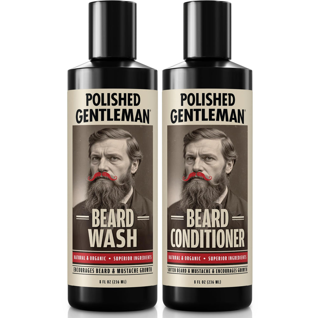 Polished Gentleman Beard Wash & Beard Conditioner Set - Biotin, Tea Tree, Aloe Vera, Manuka Honey & Argan Oil – Softens, Smooths & Hydrates Facial Hair – Paraben & Sulfate Free Shampoo Made in USA 8oz