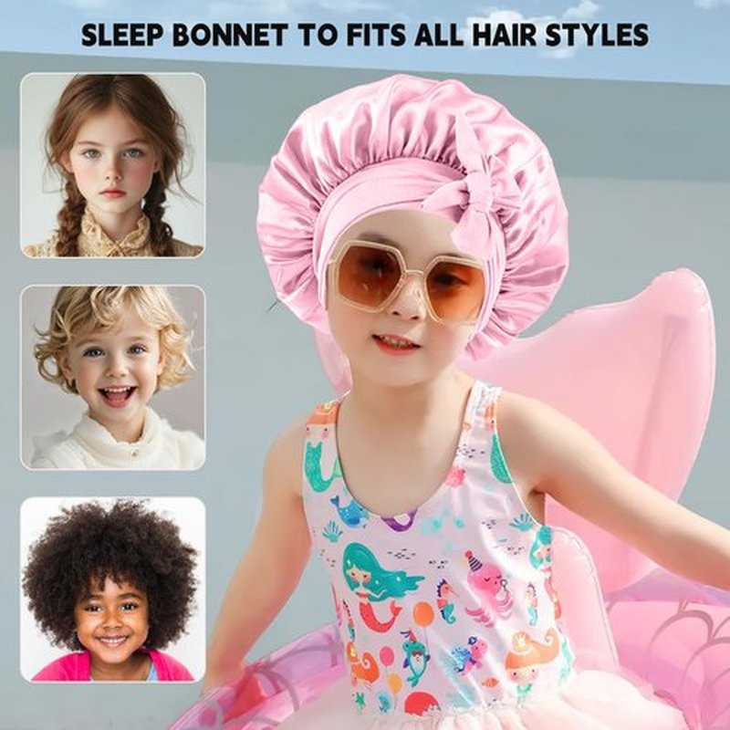 3 PCs Kids Bonnets for Girls, Silk Bonnet for Kids, Satin Bonnet for Sleeping, Baby Toddler Hair Cap with Tie Band (Rose Pink+Peach Pink+Black)