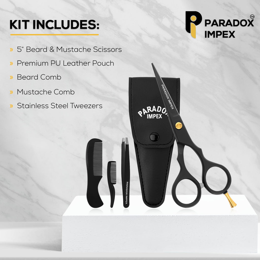 PARADOX IMPEX 5” Beard and Mustache Scissors, German Stainless Steel Beard Scissors Come with 1 Tweezers, 1 Beard Comb, 1 Mustache Comb and Pouch, Hair Scissors for All Facial Hairs. (Black)
