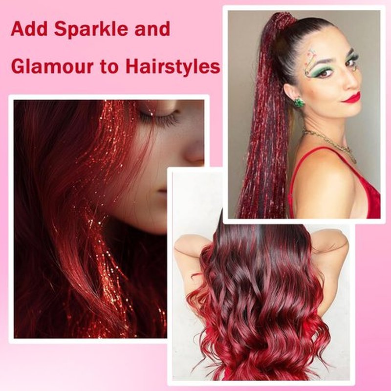 NIACONN Glitter Hair Tinsel Extensions Kit Red with Tools and Beads, 48 Inch Sparkly Fairy Colorful Tensile Strands Shiny Hair Accessories for Women Girls Kids