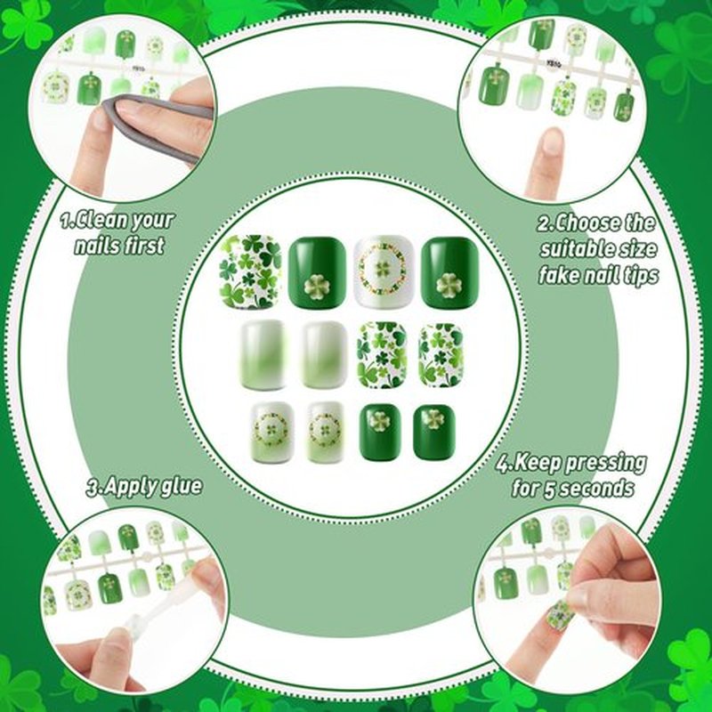 384 Pieces 16 Pack St Patrick's Day Press on Nails Short Fake Nails Green Square False Nails Shamrock Acrylic Artificial Nails Short Length Full Cover Coffin for Women Girls