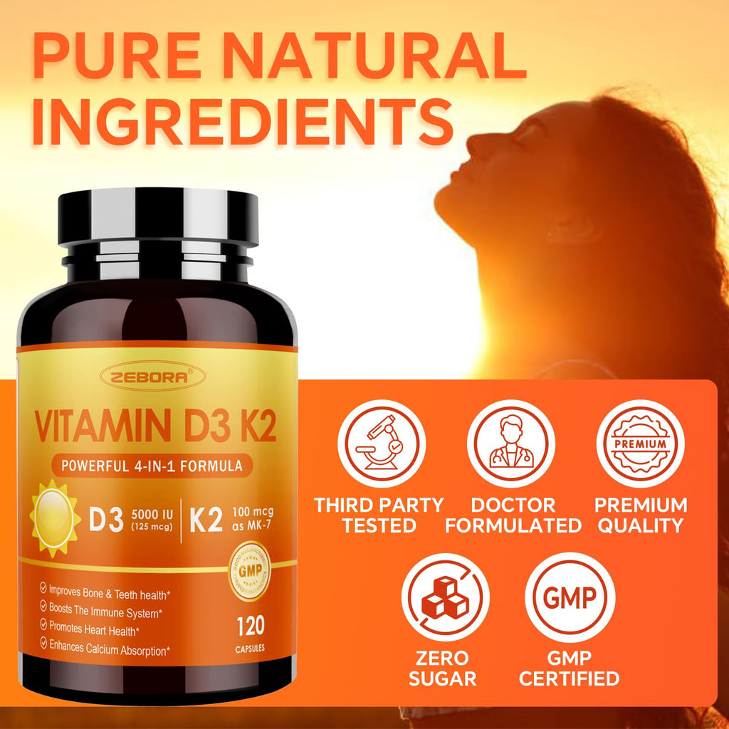 ZEBORA Vitamin D3 K2 with Zinc and Selenium - 5000 IU of Vitamin D3, 100 Mcg MK7 Vitamin K2 for Maximum Absorption, Supports Bones, Teeth & Immune Healt, 120 Capsules