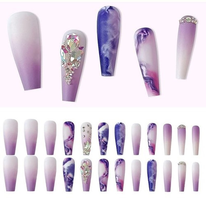 24 Pcs Press on Nails Long, Violet Fake Purple Full Cover False Nails with Rhinestone Designs Extra Long Glue on Nails Acrylic Nails for Women and Girls