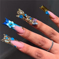 Long Square Press on Nails Fake Nails Artificial Nail Stick on Nail for Women Blue Flower and Butterfly Design with 3D Gold Diamonds and Pearl Accents on Light Pink Base