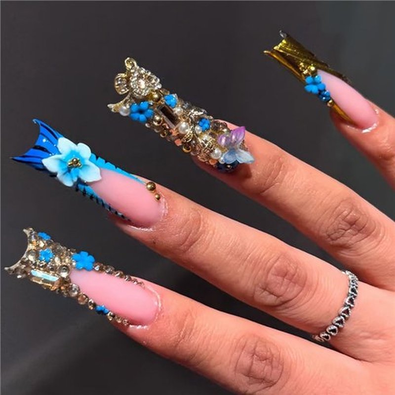 Long Square Press on Nails Fake Nails Artificial Nail Stick on Nail for Women Blue Flower and Butterfly Design with 3D Gold Diamonds and Pearl Accents on Light Pink Base