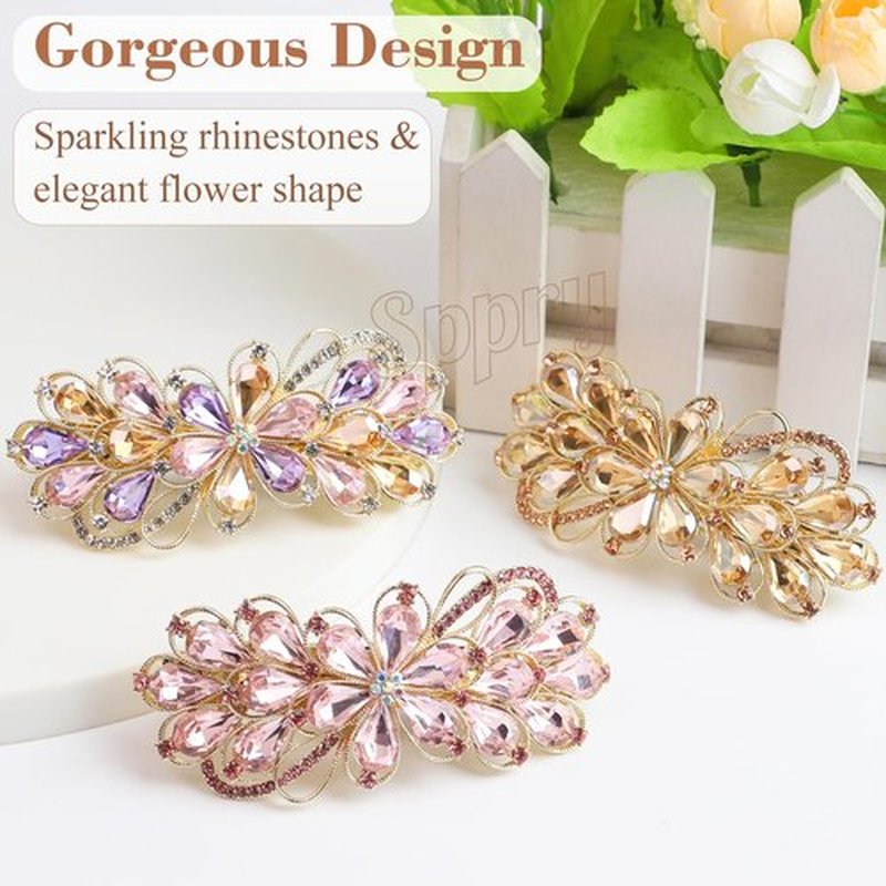 Sppry Large Gorgeous Rhinestone Hair Barrette for Women, Flower Jewelry Design (Champagne)