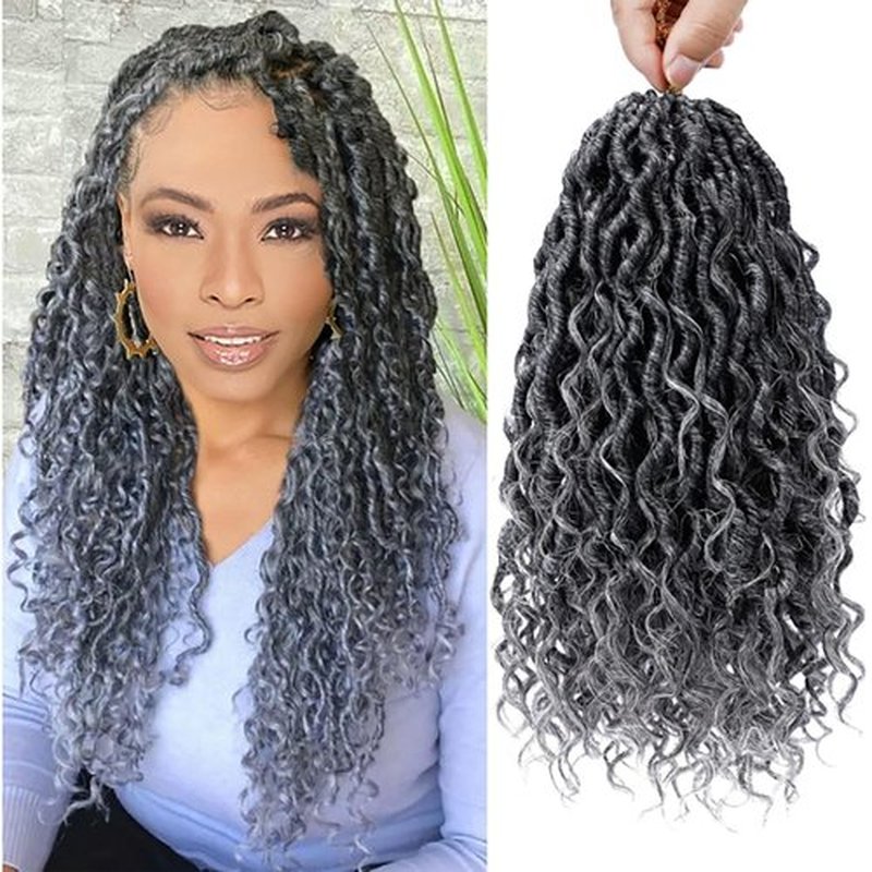 Goddess Locs Crochet Hair 12 Inch Faux Locs Ombre Grey Crochet Hair for Women 6 Packs Crochet Hair Pre Looped Gray Soft River Synthetic Hair Extensions, 1b/grey