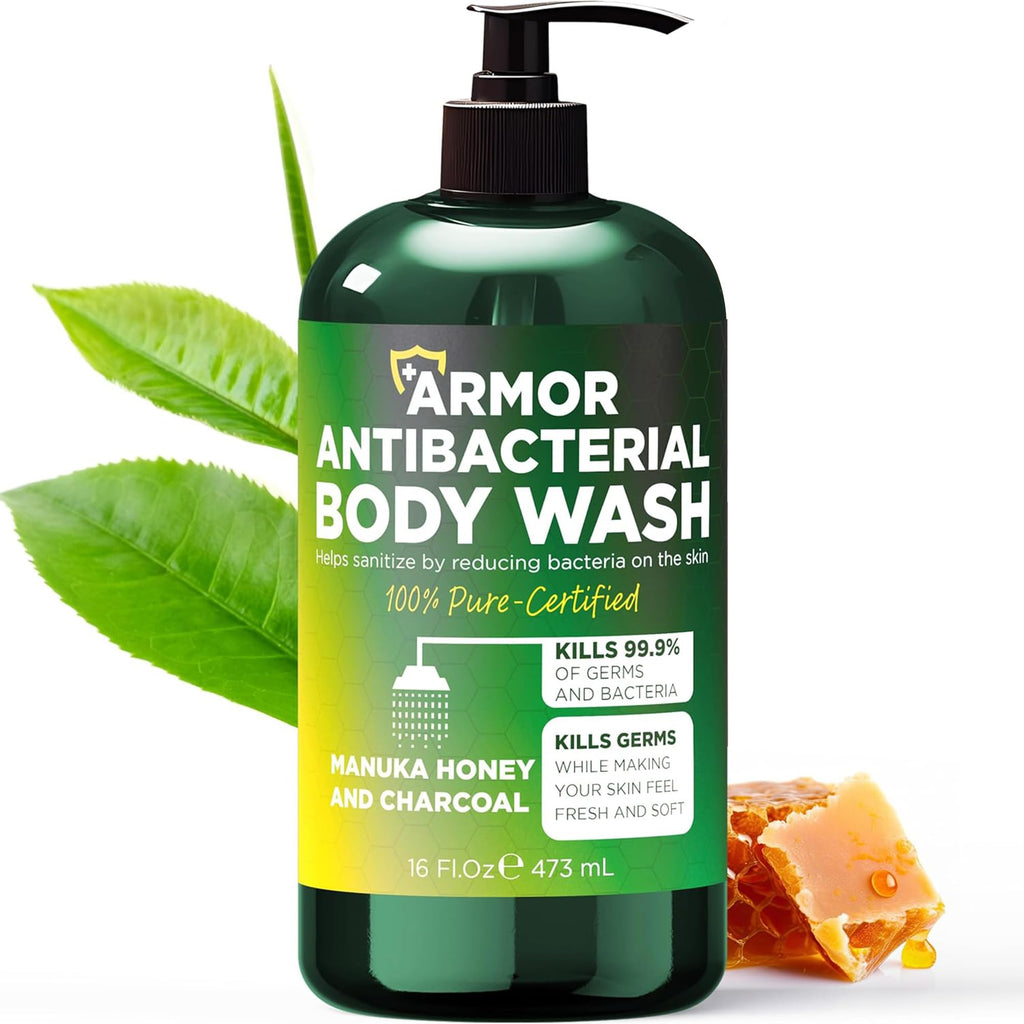 Antibacterial Body Wash | Antibacterial Soap for Men & Women | Kills 99.9% of Germs & Bacteria | Helps with Back Acne, Body Odor & Skin Irritation | Manuka Honey & Charcoal, 16 fl oz