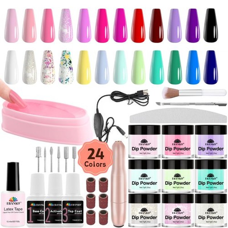 24 Color Dip Powder Nail Kit with Electric Nail Drill Base & Top Coat/Activator Liquid Nail Art Manicure Salon DIY for Daily at Home Party Gifts for Women