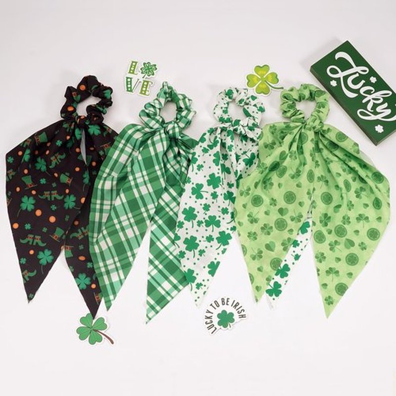 4-Piece St. Patrick's Day Hair Scrunchies Set, Shamrock Clover Bow Scrunchies with Long Tail, Chiffon and Silk Hair Accessories Hair Ties for Irish Theme Celebrations