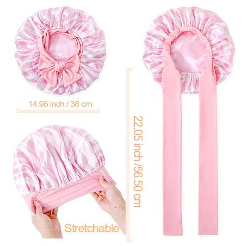 GDTOGRT Satin Silk Bonnet for Sleeping Women, Double Layer Sleep Hair Bonnets Caps for Curly Natural Hair with Tie Band - Pink Stripe
