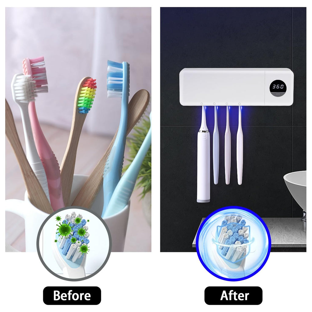 JDUanL Cordless Sanitizeri Toothbrush Holder, Sanitizeri Toothbrush Cleaner with 4 Slots & 360s Timer Function, No-Drill Rechargeable Wall Mounted Toothbrush Holders for Bathroom Family, White