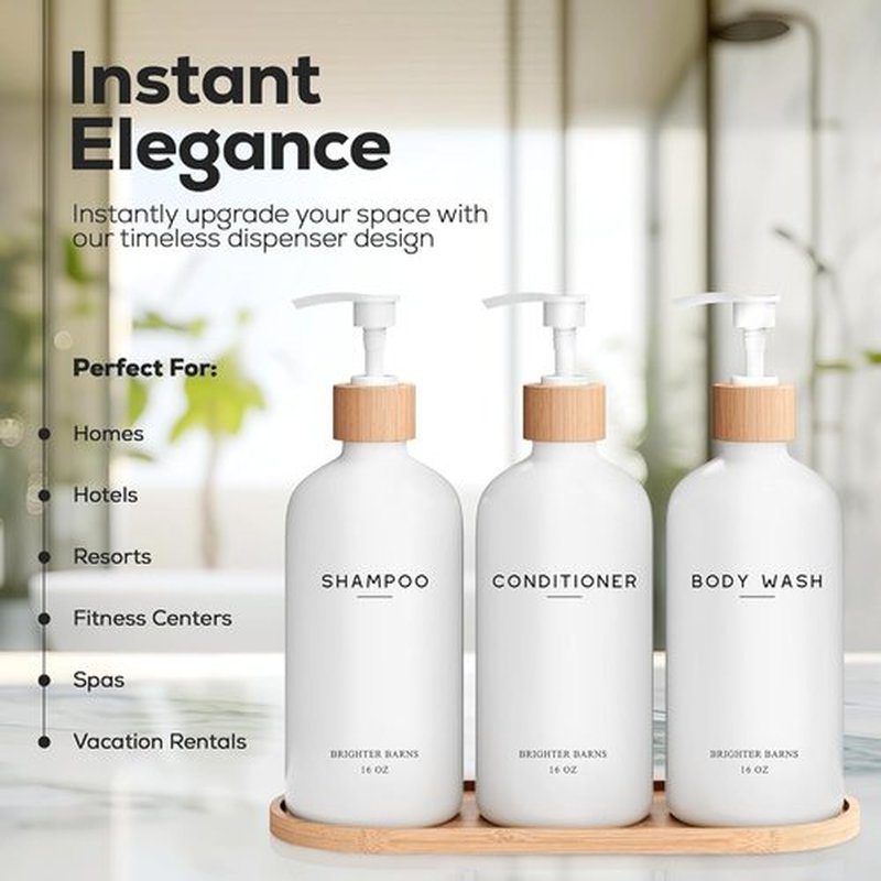 Brighter Barns White Shampoo and Conditioner Dispenser Set - Stylish Shower Pump for Bathroom Decor | Ideal for Hotels and Airbnbs