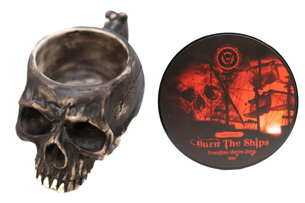 Burn The Ships Shaving Kit | Ceramic Skull Shave Bowl & Cream | Wet Razor Lather Mug | Hot Scuttle for Traditional Grooming | Shaving Soap Gift Set | Barber Accessories for Men