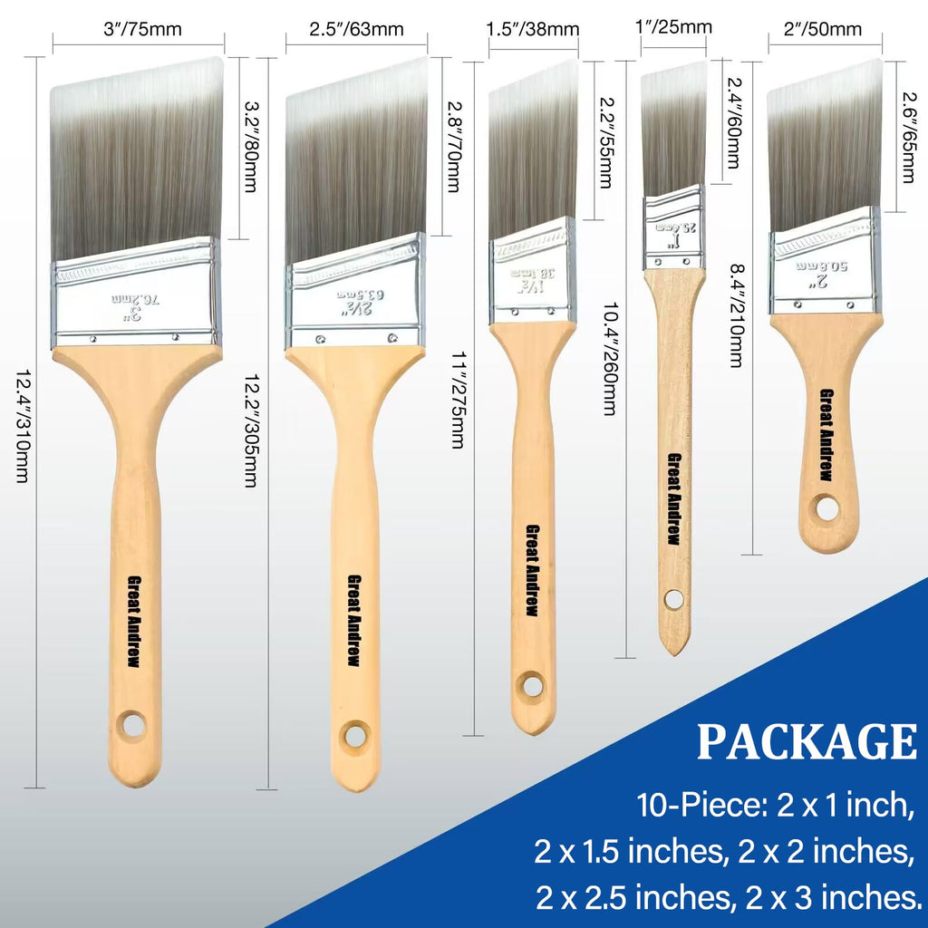 Great Andrew 10 Pack Paint Brushes Bulk (1" 1.5" 2" 2.5" 3") Set, Angle Sash Brushes for Trim, Walls, Wood, Stain Brushes for Painting House & Exterior, Latex, Oil