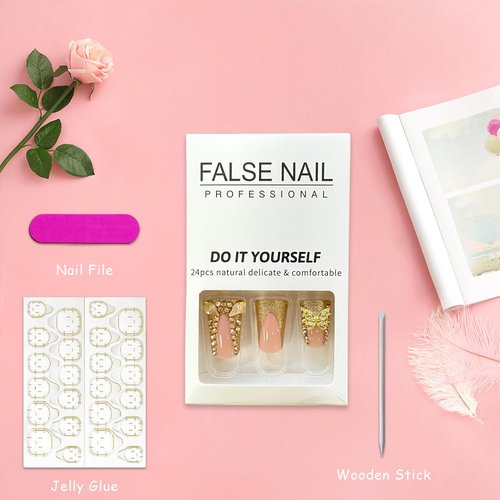 Duck Nails Press on Feet Fan Flared Fake Gold Butterfly Rhinestones Glitter French Tip Acrylic Reusable Stick on With Design for Women DIY Charm