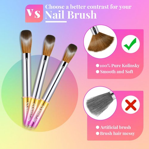 3PCS Acrylic Nail Brush Set, 8/12/14. Kolinsky Nail Art Brushes for Acrylic Application, Sturdy Handle Oval Shaped Acrylic Powder Nail Design Tools for Professional Manicure DIY Home