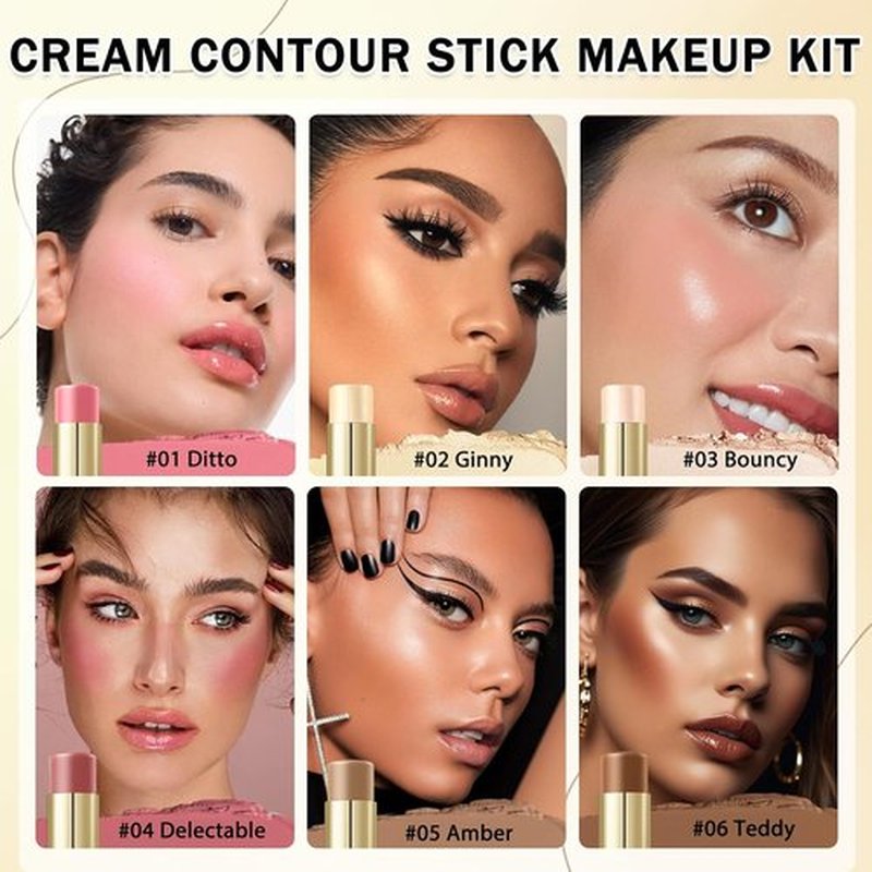 IONSGAKO Cream Contour Stick Makeup Kit - Double-Ended Highlighter & Bronzer | 6 Colors for Easy Sculpting