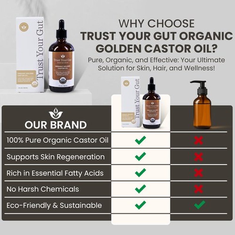 Trust Your Gut Organic Golden Castor Oil, 100% Pure Cold-Pressed Hexane-Free Extra Virgin Oil for Colon Cleansing, Gut Wellness, Skin Care, Healthy Nails & Hair Growth - 4 oz