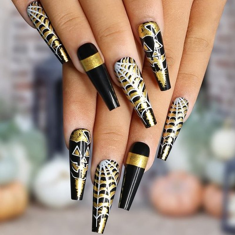 Kikmoya Halloween Extra Long Press on Nails Black Coffin Fake Nails with Gold Pumpkin Sipder Web Design Stick on Nails for Women 24pcs Glossy Acrylic Artificial False Nails (Gold Pumpkin Coffin)