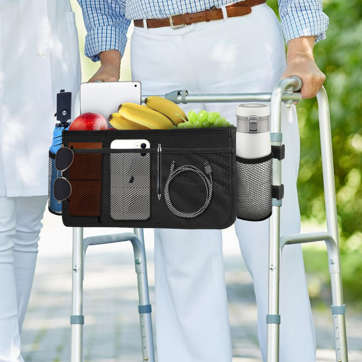 BOHEMIABY Foldable Walker Basket with Cup Holder, Large Walker Bag & Easy Installation, Walker Accessories for Seniors with Limited, Walker Pouch for Water Bottles, Books, Essentials & More