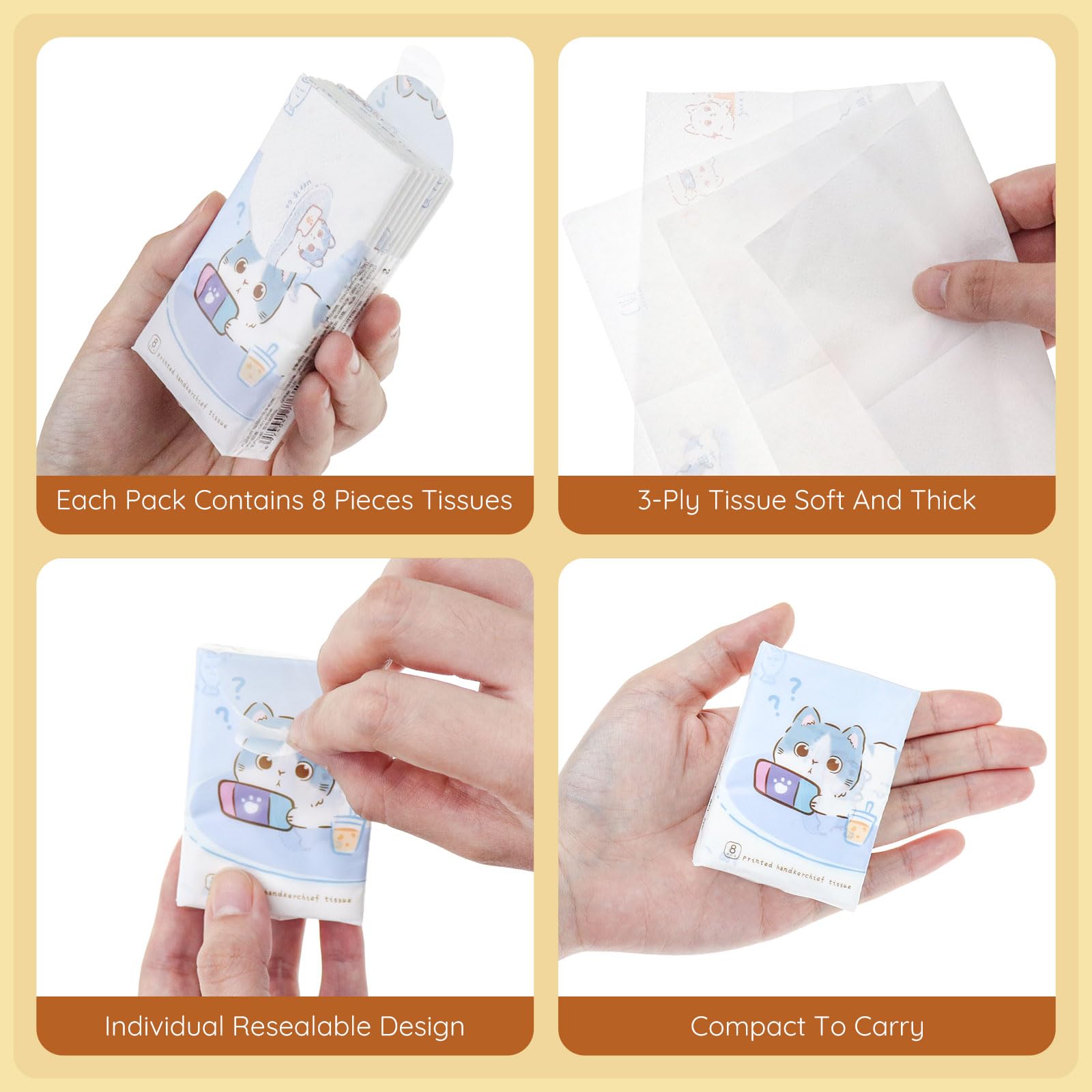 27 Packs Pocket Tissues, Small Travel Size Bulk Facial Paper Towel, Travel Essential, Purse Tissue, Individual Packet, Soft 3 Ply Portable Napkins with Cute Prints for Wedding Party (Cats)
