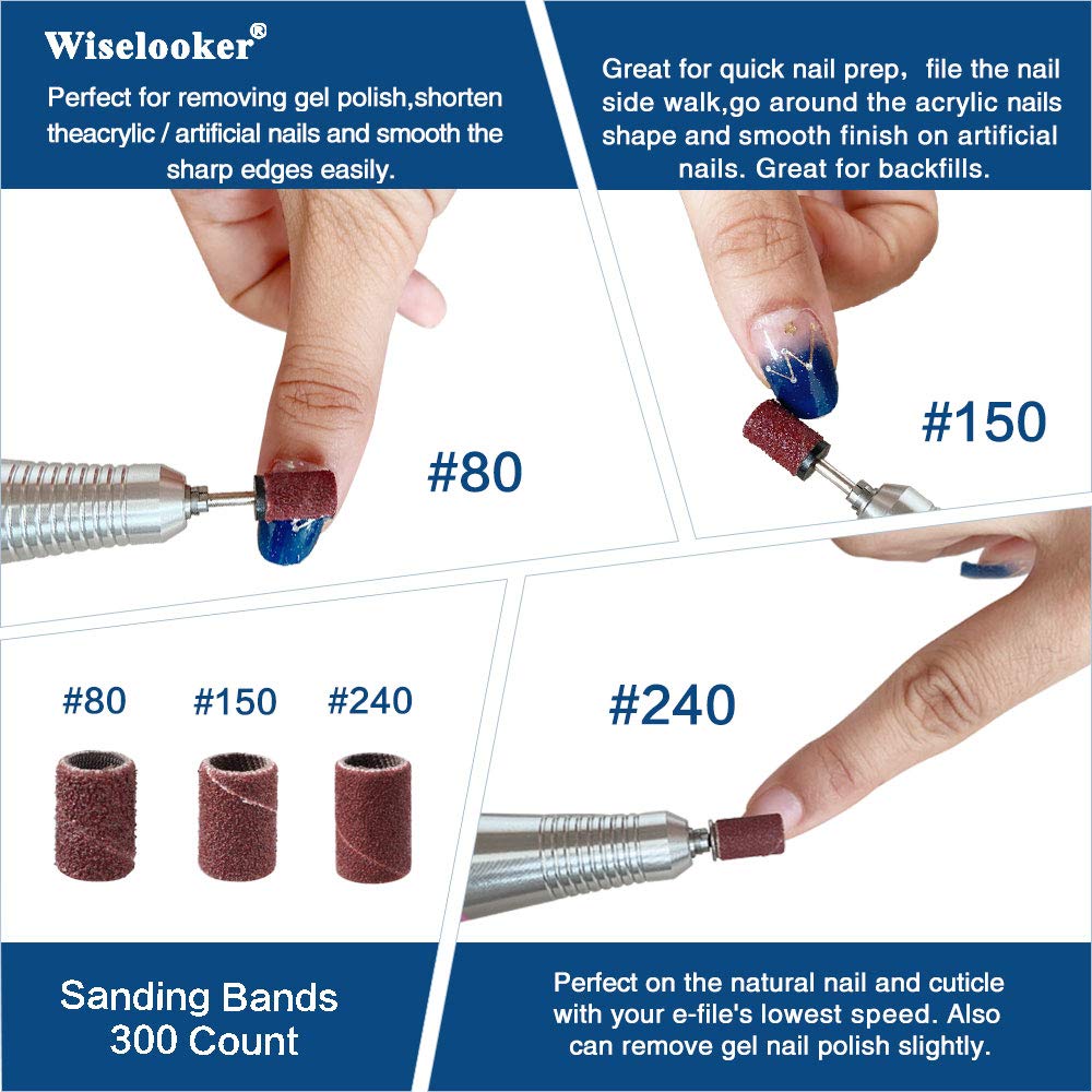 Wiselooker 300pcs Sanding Bands Nail Buffers for Menicure #80#150#240 Coarse Meduim Fine Grit Professional for Acrylic Nail Drill Efile Drills Dremal Machine