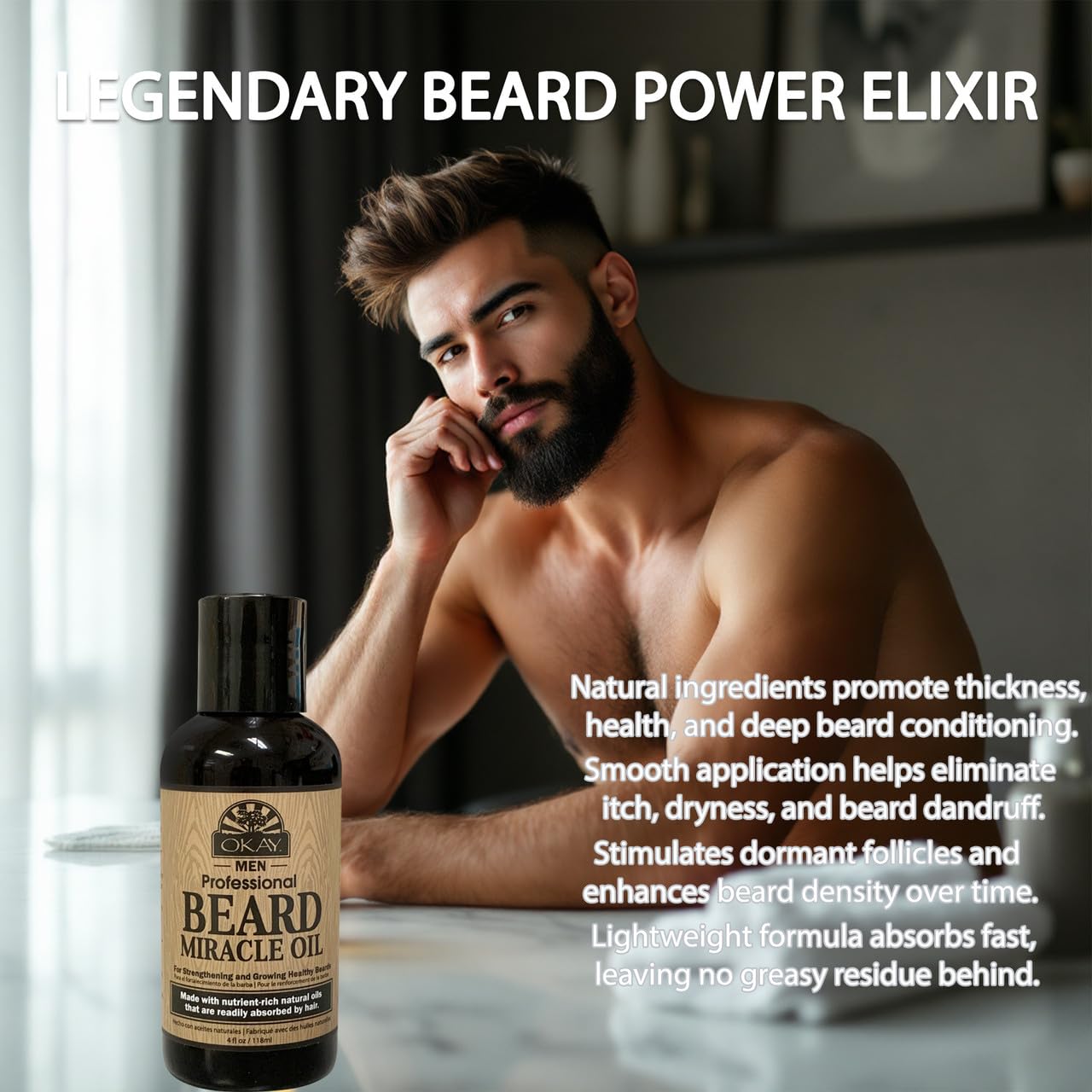 OKAY Men Beard Miracle Oil 4oz – Beard Softener & Moisturizer, Hydrating Beard Oil for Men, Reduces Itch & Beard Dandruff, Lightweight Non-Greasy Formula, Sulfate Paraben Silicone-Free
