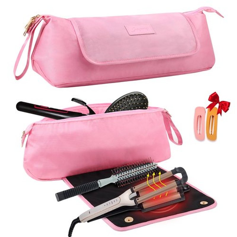 GERYUAEG Large Hair Tools Travel Bag with Heat Resistant Mat for Straighteners, Curling Iron, Haircare Accessories, Hair Styling Tools Bag with Silicone Mat (Pink)