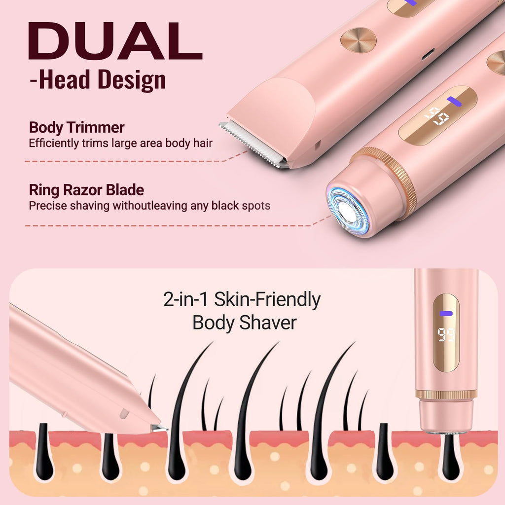 Bikini Trimmer for Women Electric Razors for Women Women's Electric Razor 2 in 1 Shaver Pubic Hair Trimmer Ipx7 Waterproof Wet Dry Use Bikini Shaver for Ladies Pubic, Legs, Face, Underarms (Pink)