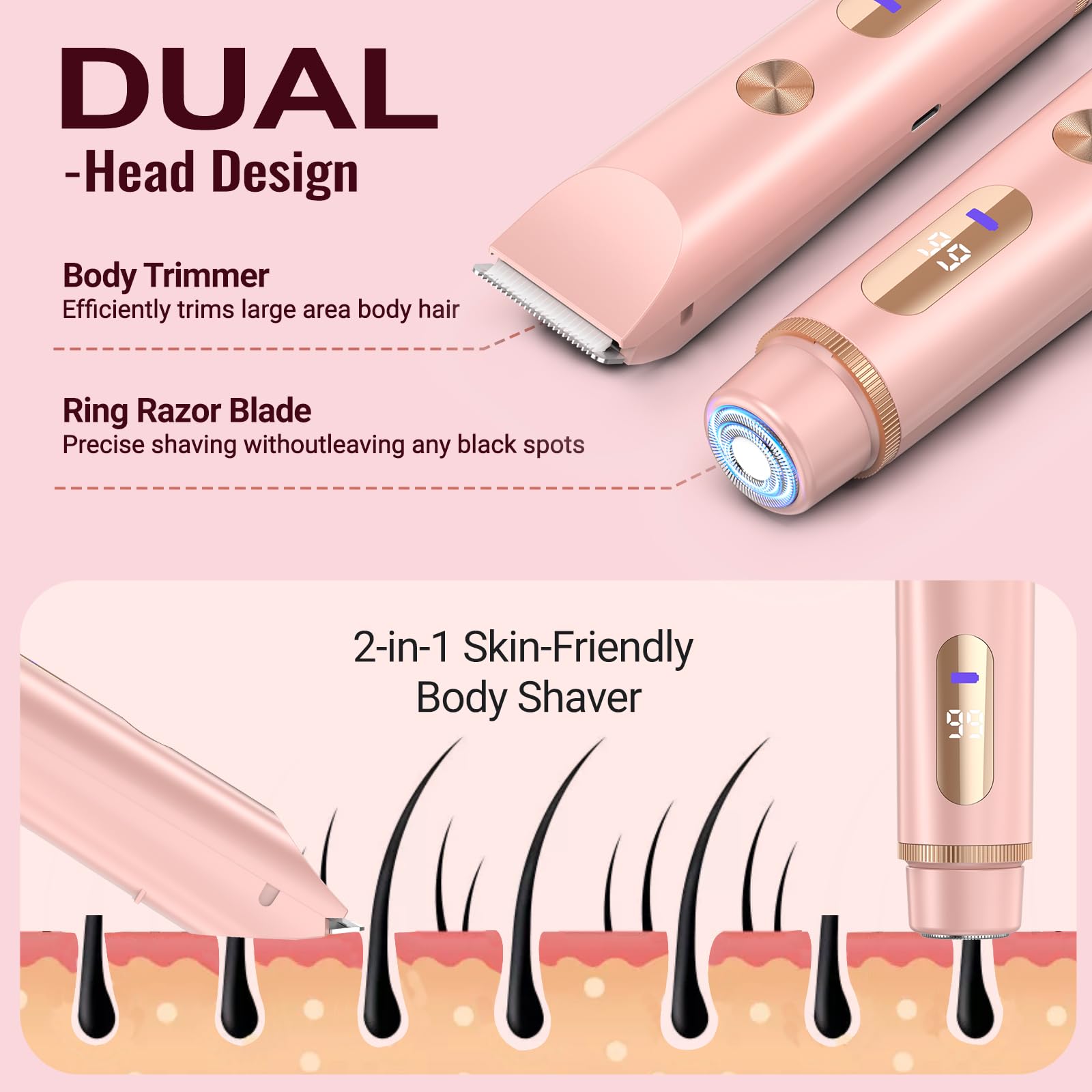 Bikini Trimmer for Women Electric Razors for Women Women's Electric Razor 2 in 1 Shaver Pubic Hair Trimmer Ipx7 Waterproof Wet Dry Use Bikini Shaver for Ladies Pubic, Legs, Face, Underarms (Pink)