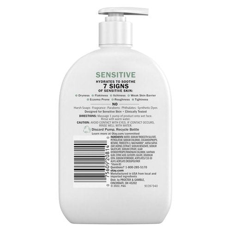Olay Sensitive Facial Cleanser with Oat Extract Gentle Cream Cleanser, 16 fl oz