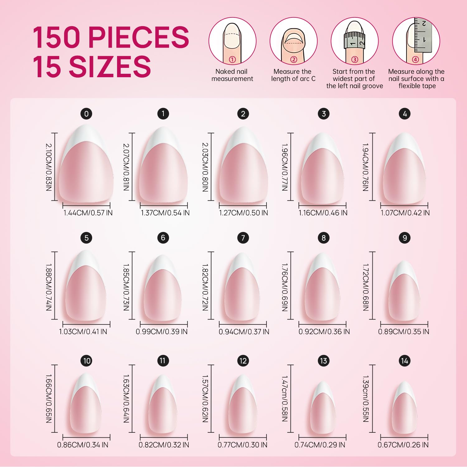Krofaue French Tips Press On Nails – Pink Matte Short Almond Press On Nails, 15 Sizes Reusable Acrylic Nail Tips Soft Gel Nail Tips for Women Nail Salon & Home DIY
