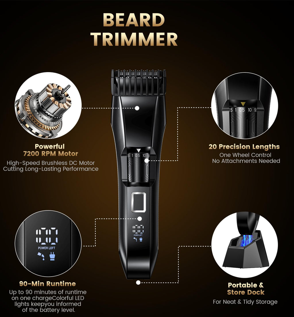 NAUQUOHZ Men's Beard Trimmer-All-in-One Mustache Trimmer with 20 Length Adjustable, Stainless Steel T-Blade for Precision Facial Hair Trimming Cordless IPX7 Waterproof Wet/Dry Clipper,LED Display