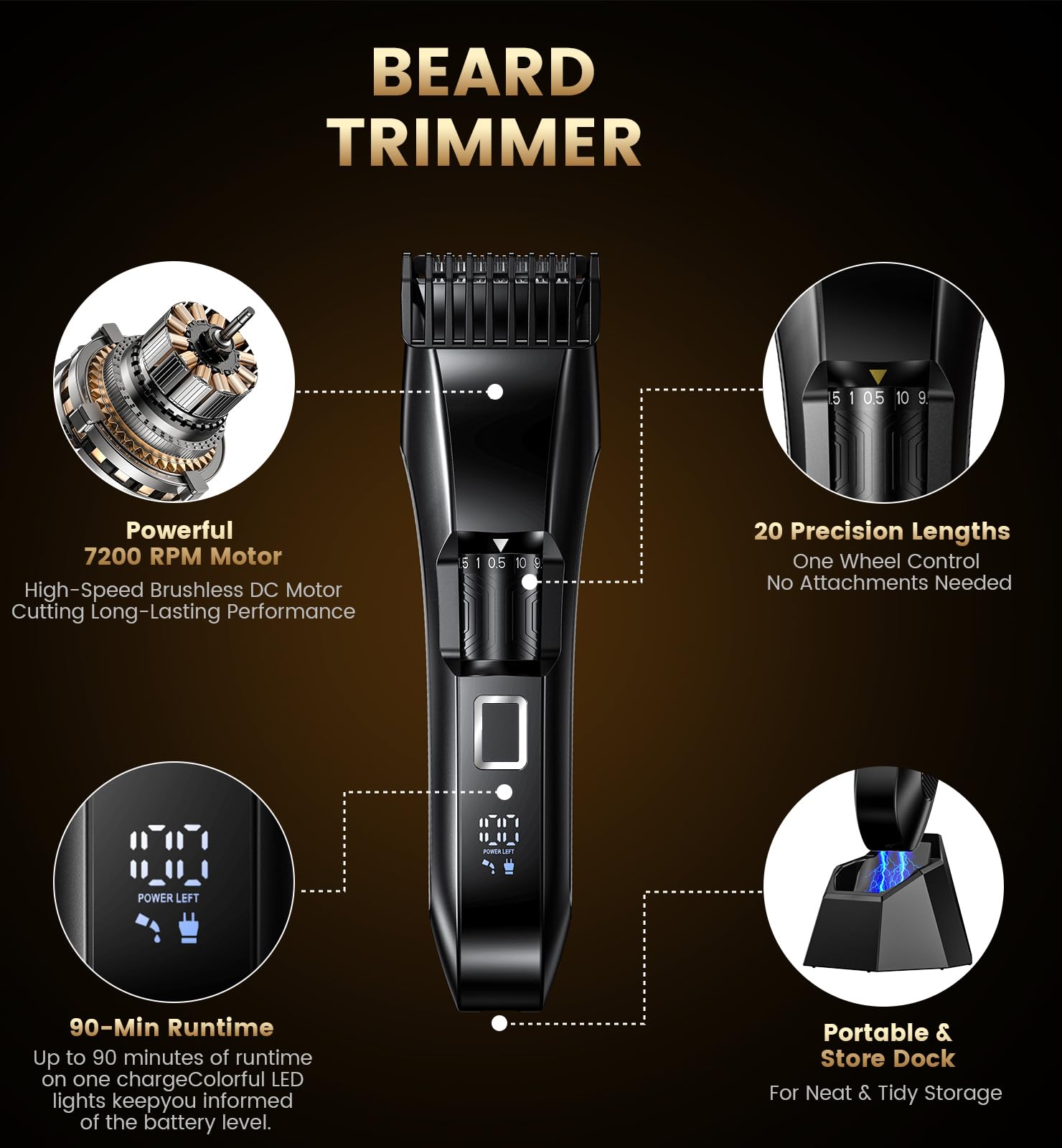 NAUQUOHZ Men's Beard Trimmer-All-in-One Mustache Trimmer with 20 Length Adjustable, Stainless Steel T-Blade for Precision Facial Hair Trimming Cordless IPX7 Waterproof Wet/Dry Clipper,LED Display