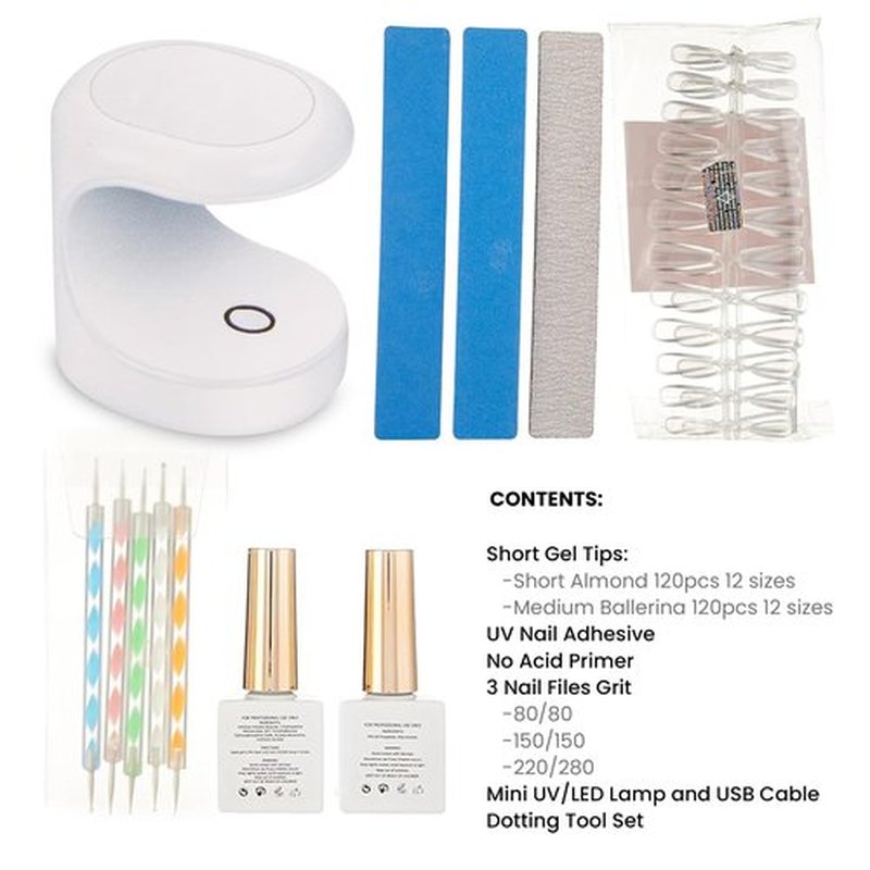 Allkem Soft Gel Nail Extensions Kit - Complete DIY Nail Set with UV Lamp, Short Almond & Medium Ballerina Gel Tips, Nail Files, Adhesive & Dotting Tool - Perfect Manicure at Home