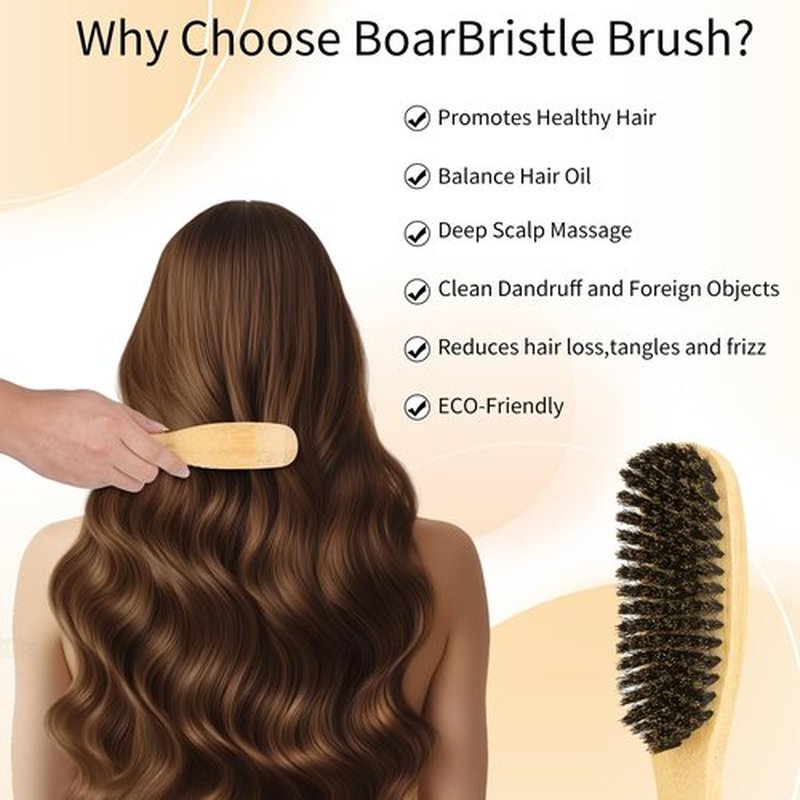Msnasit Boar Bristle Slick Back Hair Brush for Women, Smoothing Hair, Anti Frizz, Edge Control, Bamboo Hairbrush for All Hair Style-Regular