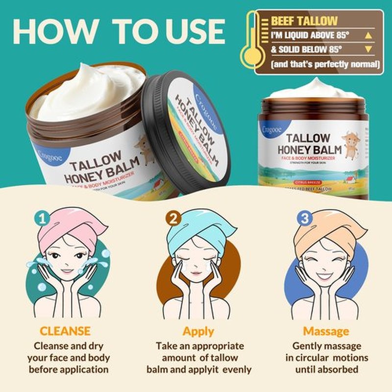 Beef Tallow for Skin - 100% Grass Fed - Whipped Tallow and Honey Balm，Moisturizer Cream for Face & Body -Natural Organic Formula for Dry & Sensitive Skin (Citrus Breeze) (2 oz)
