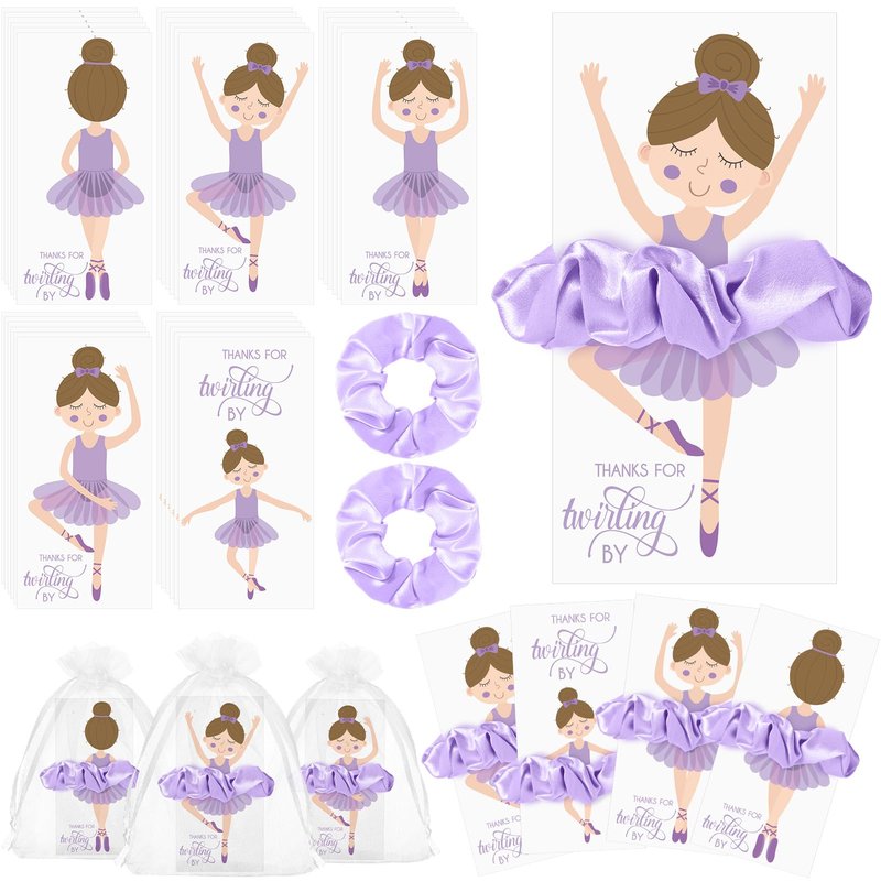 Yinkin 30 Sets Ballerina Party Favors for Girls Hair Scrunchies with Thanks Twirling Cards for Dance School Classroom Ballet Recital Gifts(Purple)