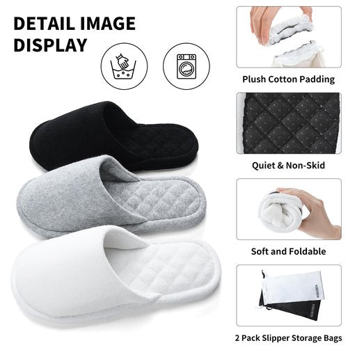 biroris 3 Pairs Closed-Toe Turkish Terry Cloth Slippers, Soft Non-Slip Indoor Slippers for Women, Machine Washable, Portable for Guest, Travel, Hotel and Spa(Black Grey White)
