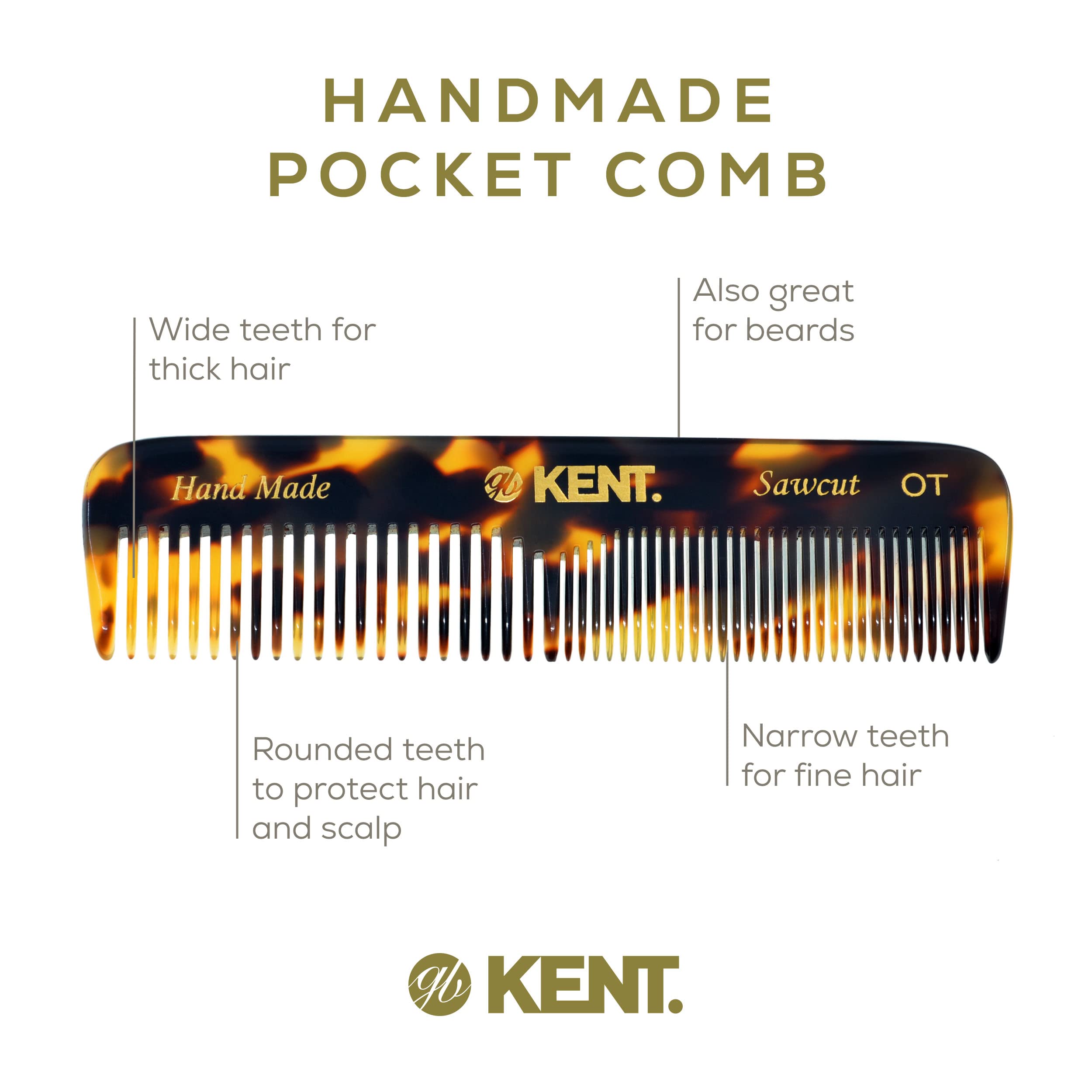 Kent OT TY Pocket Comb - Handmade Fine and Wide Tooth Hair Comb for Men, Women, and Kids - Travel, Beard, and Mustache Comb - Saw Cut and Hand Polished Made in England
