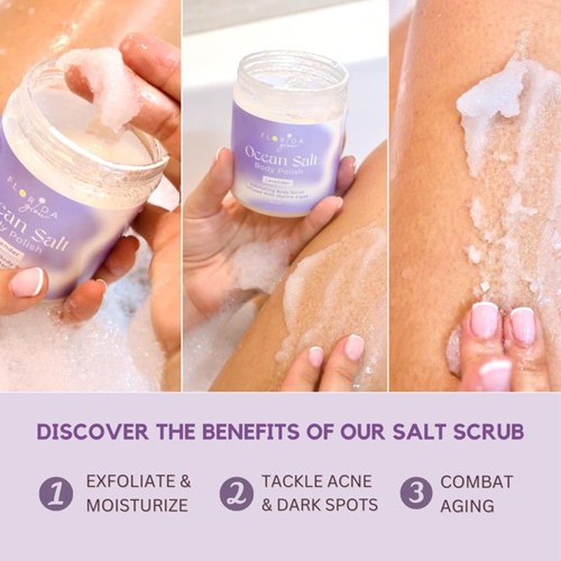 Sea Salt Body Scrub by Florida Suncare - Ocean Salt Body Polish Infused with Marine Algae - Exfoliating Face and Body Scrub, Facial Scrub Exfoliator to Tackle Acne, Scars (Plum & Vanilla Woods 12.1oz)