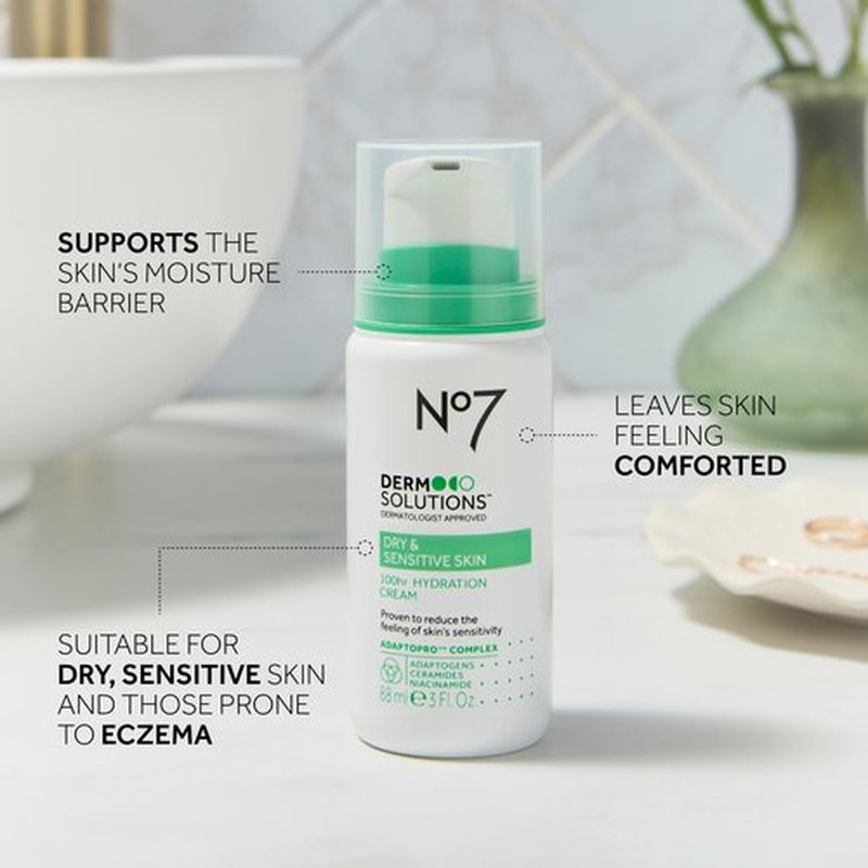 No7 Derm Solutions 100hr Hydrating Face Moisturizer - Face Cream Formulated with Ceramides, Niacinamide & Adaptogens to Help Maintain Moisture Barrier - For Sensitive & Dry Skin (3 Fl Oz)