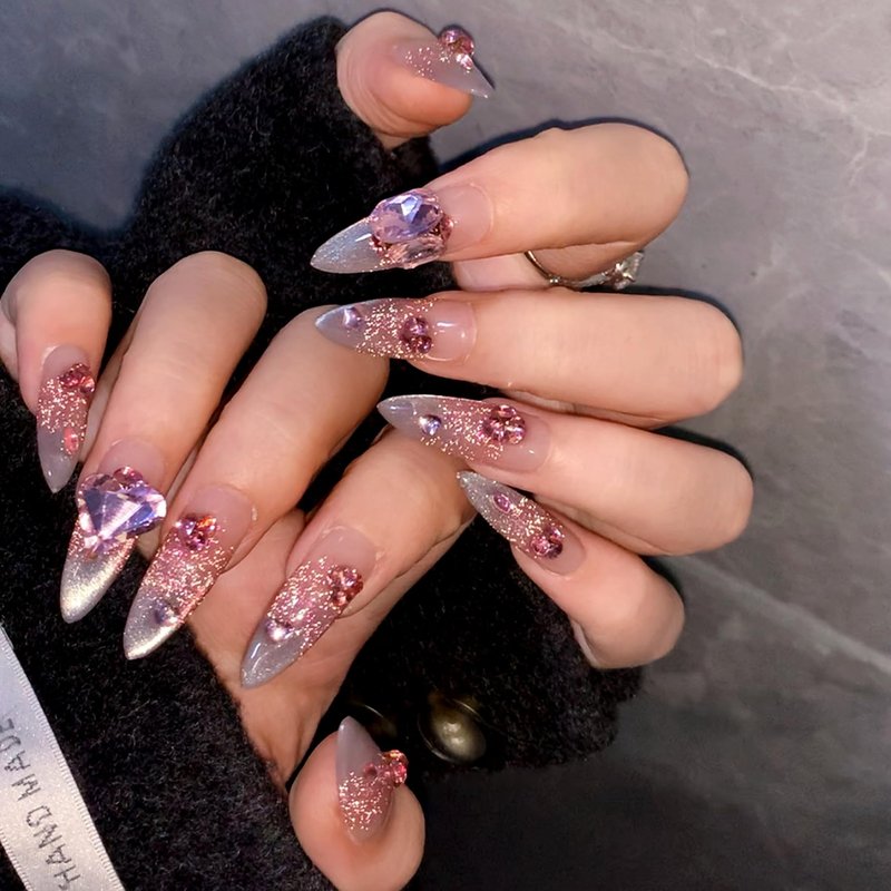 WOMHOPE Press on Nails Handmade Full Cover False Nails with Rhinestone Vintage Flower Aurora Acrylic Nails for Women and Girls 10pcs/Box Long Almond,Coffin (Pink cat's eye, Medium)