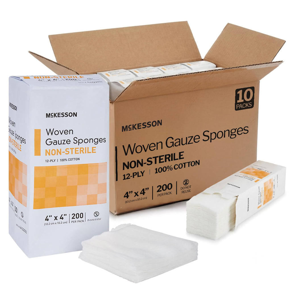 McKesson Non-Sterile Woven Gauze Pads 4x4 Inch [2000 Count] - 12-Ply 100% Cotton Breathable Woven Gauze Sponges for Wound Care & First Aid Medical Supplies