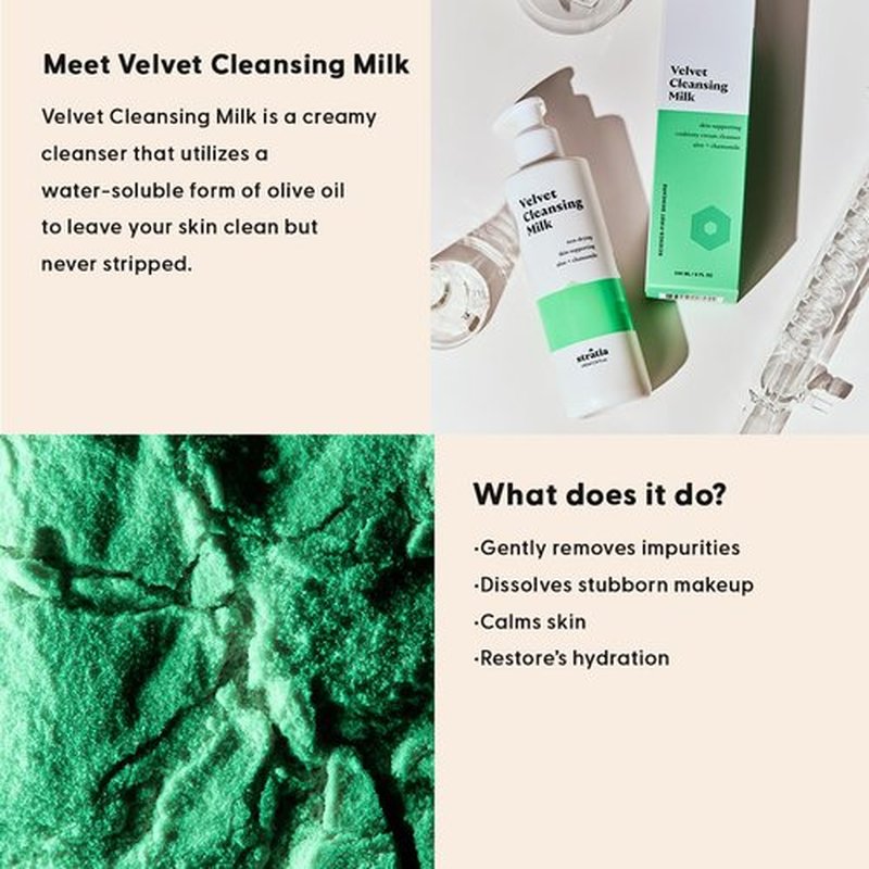 Stratia Velvet Cleansing Milk - Gentle Cream Face Cleanser with Chamomile & Aloe Vera | 4 Fl Oz