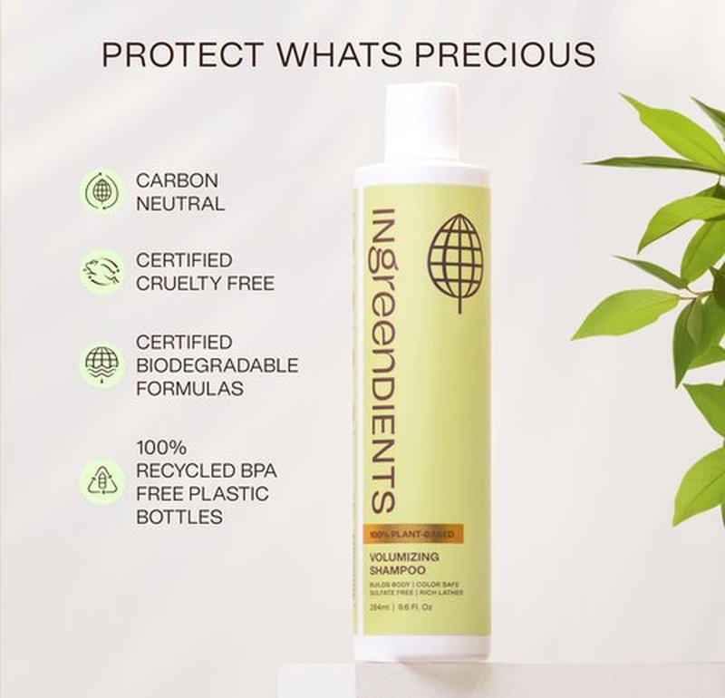 Ingreendients Non Toxic Vegan Volumizing Shampoo with Organic Ingredients For Fine Hair - Strengthening Barley Protein and Chia Seeds, Color Safe, Paraben & Gluten Free, Silicone & Sulfate Free