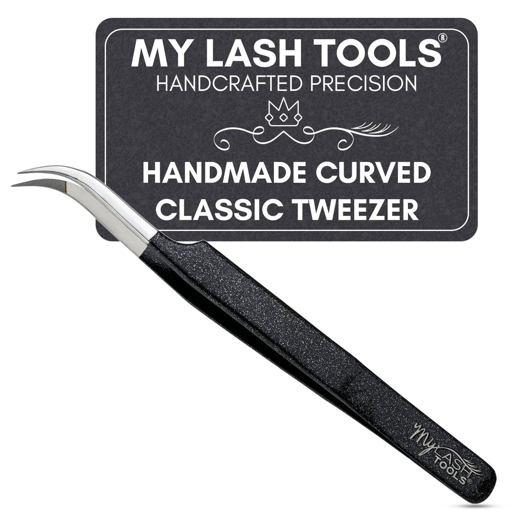 My Lash Tools Curved Classic Fiber Tip Lash Tweezers – 12cm Eyelash Extension Tweezer with Fine Curved Nano Grip Tip, Stainless Steel, Non-Slip Handle (Black)