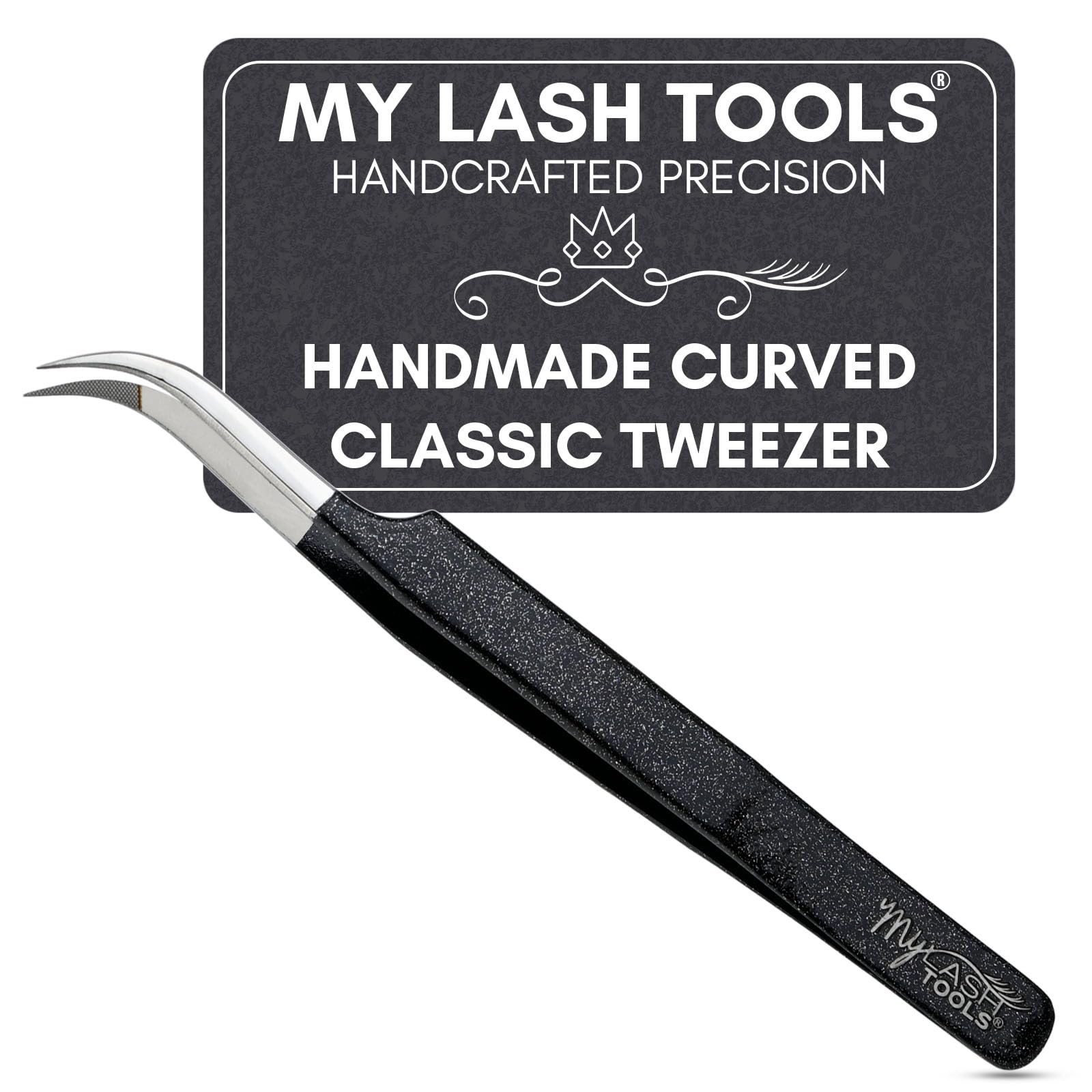 My Lash Tools Curved Classic Fiber Tip Lash Tweezers – 12cm Eyelash Extension Tweezer with Fine Curved Nano Grip Tip, Stainless Steel, Non-Slip Handle (Black)